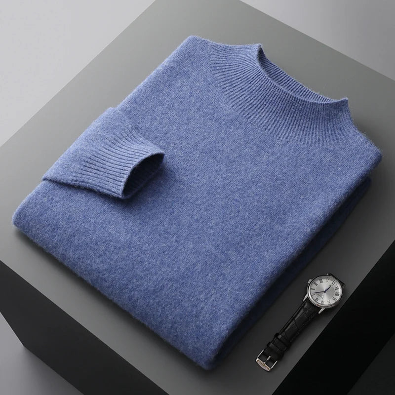 New Men's 100% Merino Wool Mock Neck Pullover Cashmere Sweater Soft Warm Jumpers Quality Casual Smart Knitwear Basic Tops Clothi