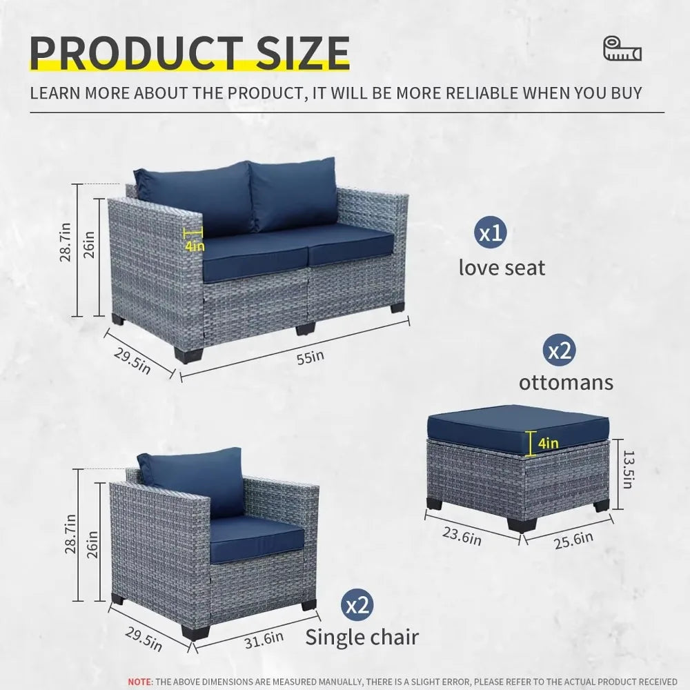 5PCS Patio Furniture Set, Outdoor Wicker Conversation Set w/ Ottomans, All-Weather PE Rattan Love Seat & Chair Set w/ Cushions