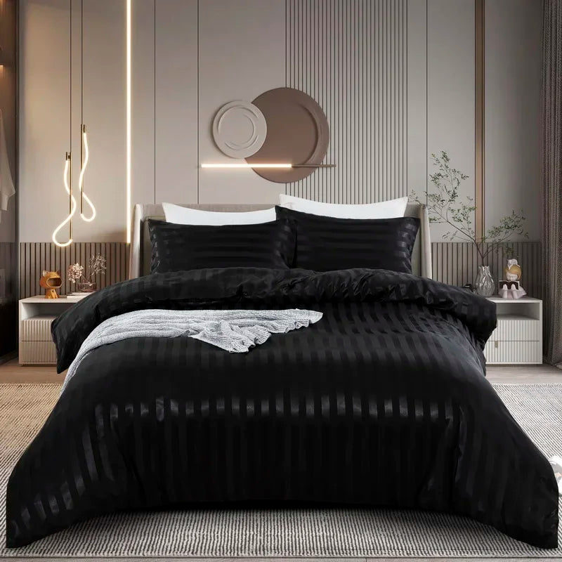 Satin Striped Duvet Cover Twin/Full/Queen/King/Single/Double Size Set, Luxury Silky Like Khaki Stripe Duvet Cover Bedding Set