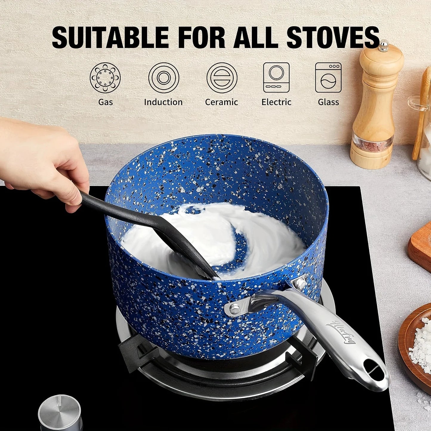 Nonstick Premium 3-Piece Saucepan Set with Glass Lids, Natural Durable Granite Coating,  Durable & Oven Safe, 1&2&3QT, Blue