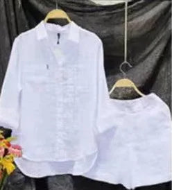 Casual Cotton And Linen Women Shirt Short Two Piece Sets Solid Color Loose Short Sleeve Top Shorts Fashion Suit Tracksuit Summer