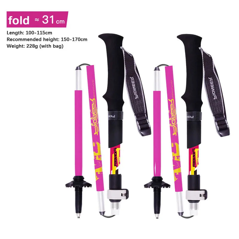 2pcs Walking Stick Folding 5 sections Trekking Poles (2 Carbon Fiber +3 Aluminium alloy) Mountain-climbing Crutch Outdoor Hiking