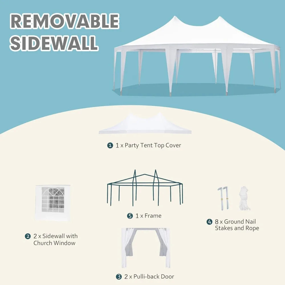Party Tent, White Wedding Tent, Decagonal Heavy Duty Canopy with 8 Removable Sidewalls, 8 Church Windows and 2 Pull-Back Doors