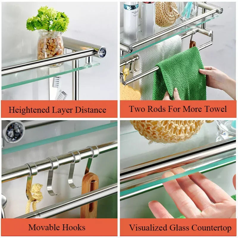 3 Tier Bathroom Shelf Towel Rack Tempered Glass Floating Shelves Wall Mounted Stainless Steel Rack Rail Holder Organizer