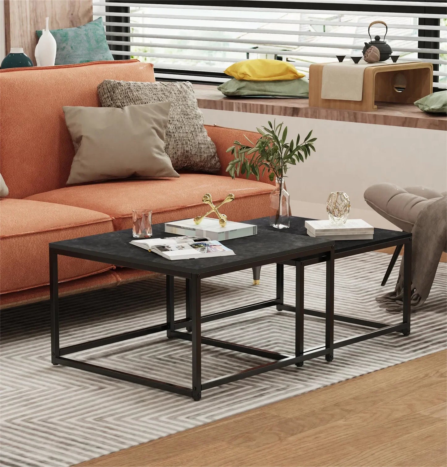 LUVODI Set of 2 Living Room Stackable Rectangle Nesting Coffee Accent Tables with Black n White Sintered Stone Tabletop