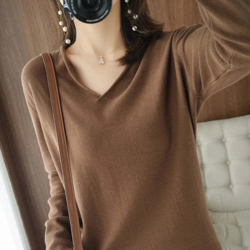 Women Curled V-Neck Pullover With Hat 100% Cotton Sweater Autumn Winter Knit Clothing Soft Bottoming Long Sleeve Solid Tops