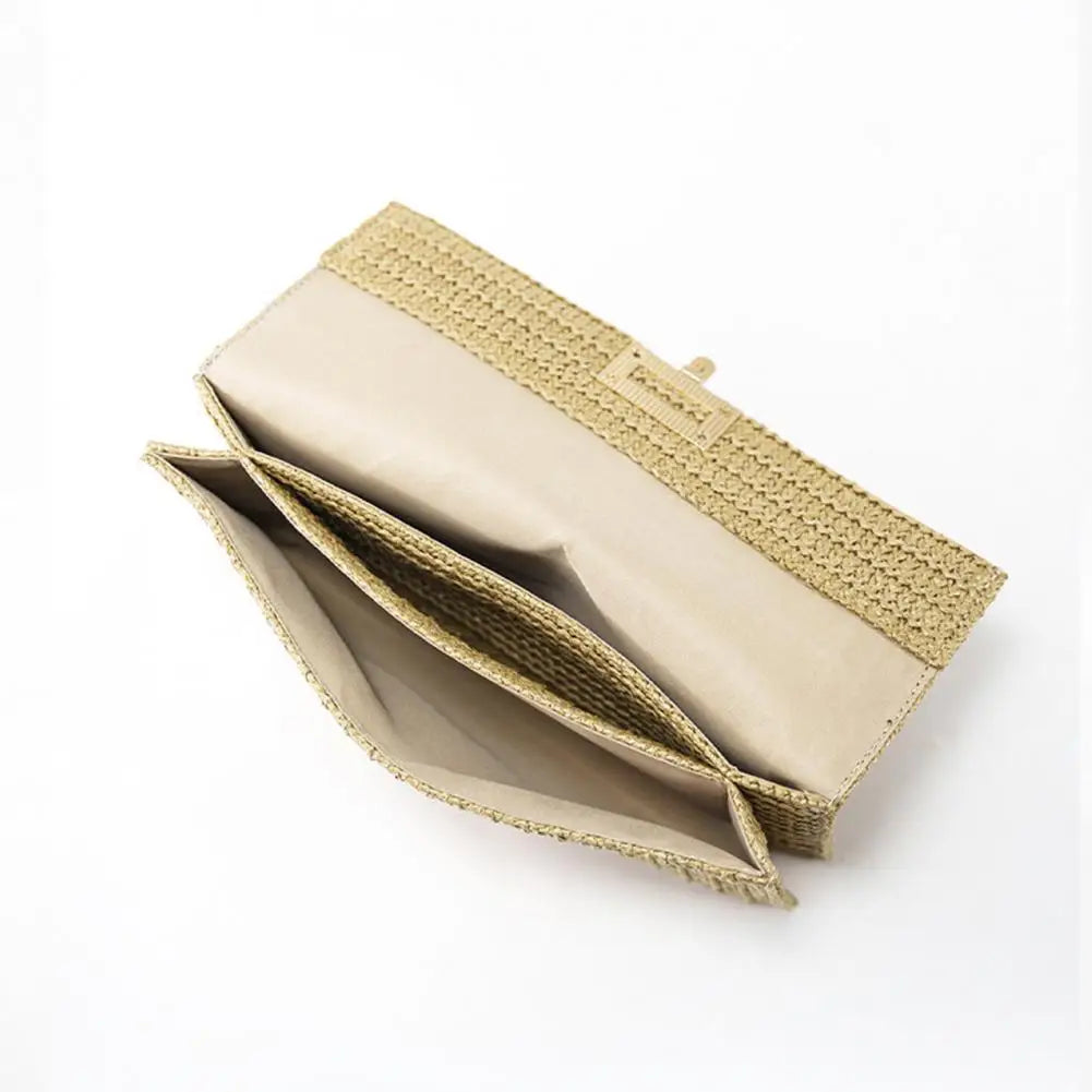 Foldable Women Clutch Bag Envelope Shape Portable Bohemian Style Clutch Double-layer Straw Braided Summer Beach Vacation Handbag