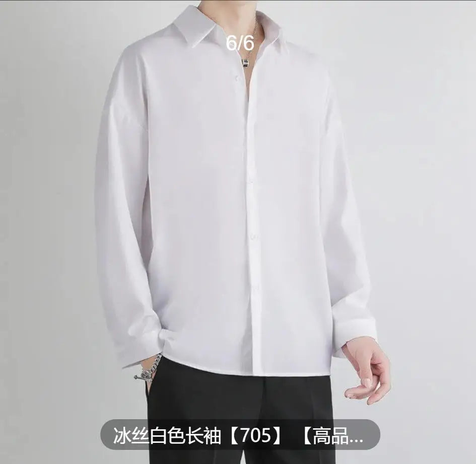 Premium Men Ice Silk Shirt Spring Summer Thin Luxury Loose Korean Business Shirt Solid Trendy Ruffle Draping Shirt Jacket B0142