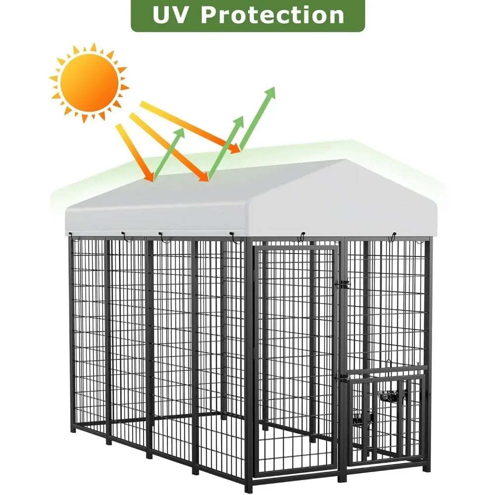 Dog Kennel Outdoor Pet Pens Dogs Run Enclosure Animal Hutch Metal Coop Fence with Roof Cover, Dogs Playpen