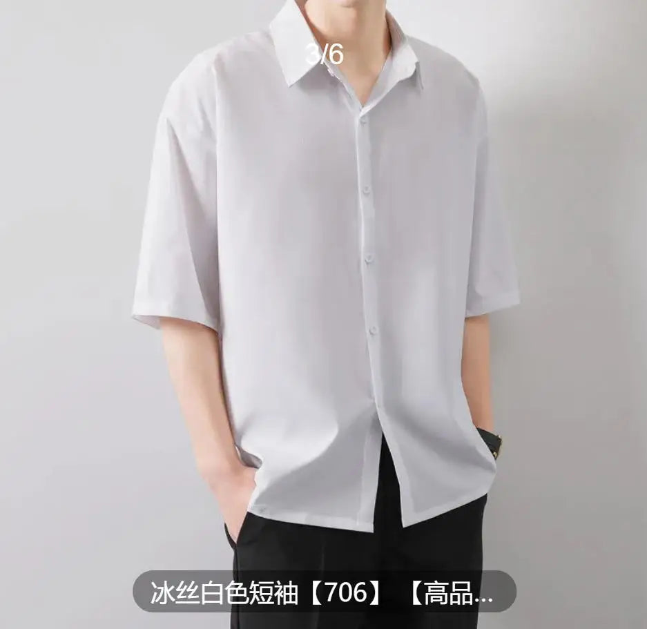 Premium Men Ice Silk Shirt Spring Summer Thin Luxury Loose Korean Business Shirt Solid Trendy Ruffle Draping Shirt Jacket B0142