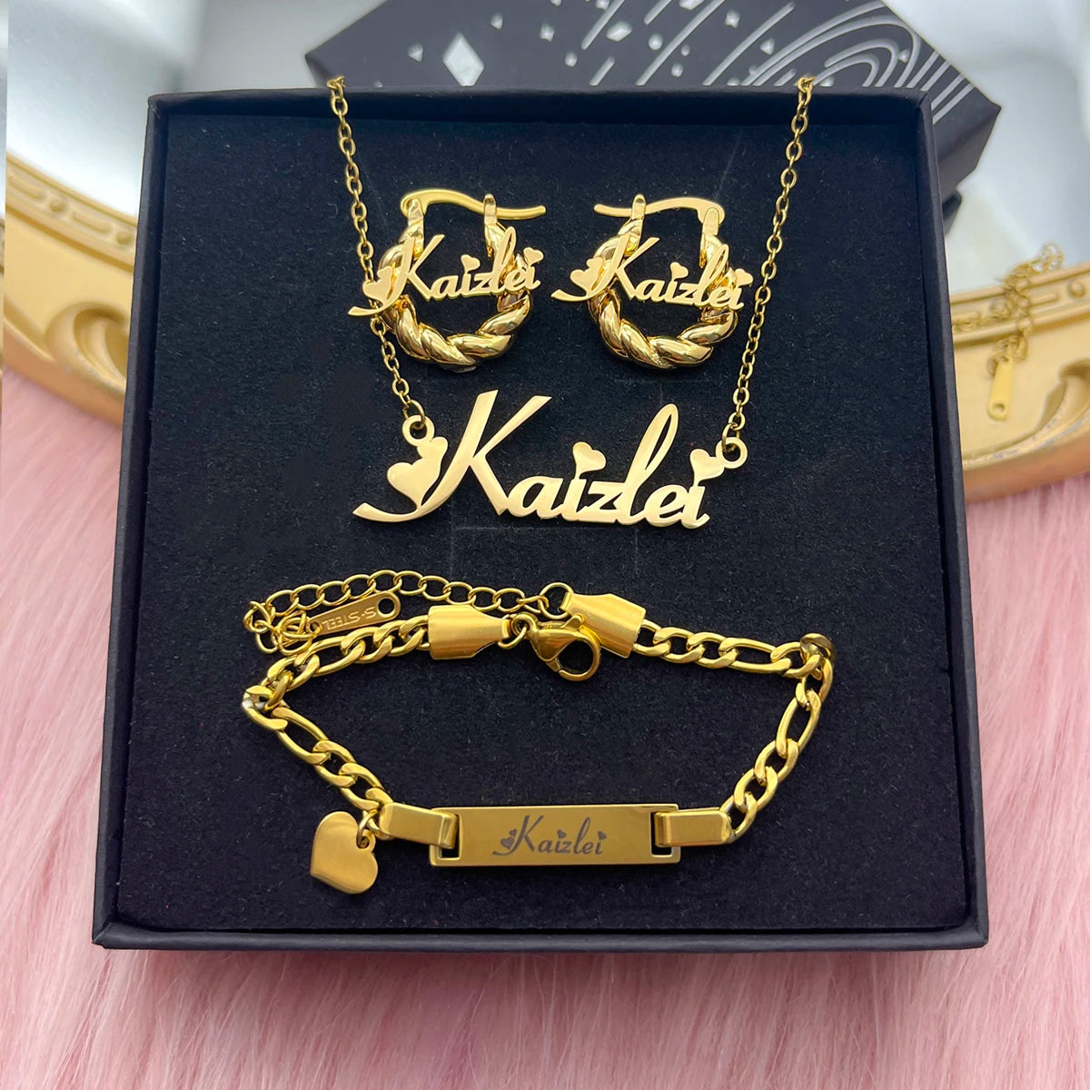 Customized Jewelry Sets Name Children's Set Personalized Letter Necklace Name Bangles Stainless Steel Mini Earring For Kids Gift