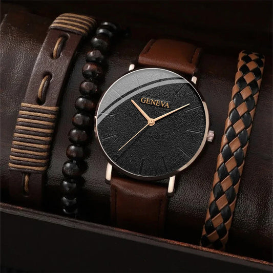 New Men Watch Luxury Bracelet Set Fashion Business Brown Leather Quartz Wrist Watches for Men Gift Set Relogio Masculino
