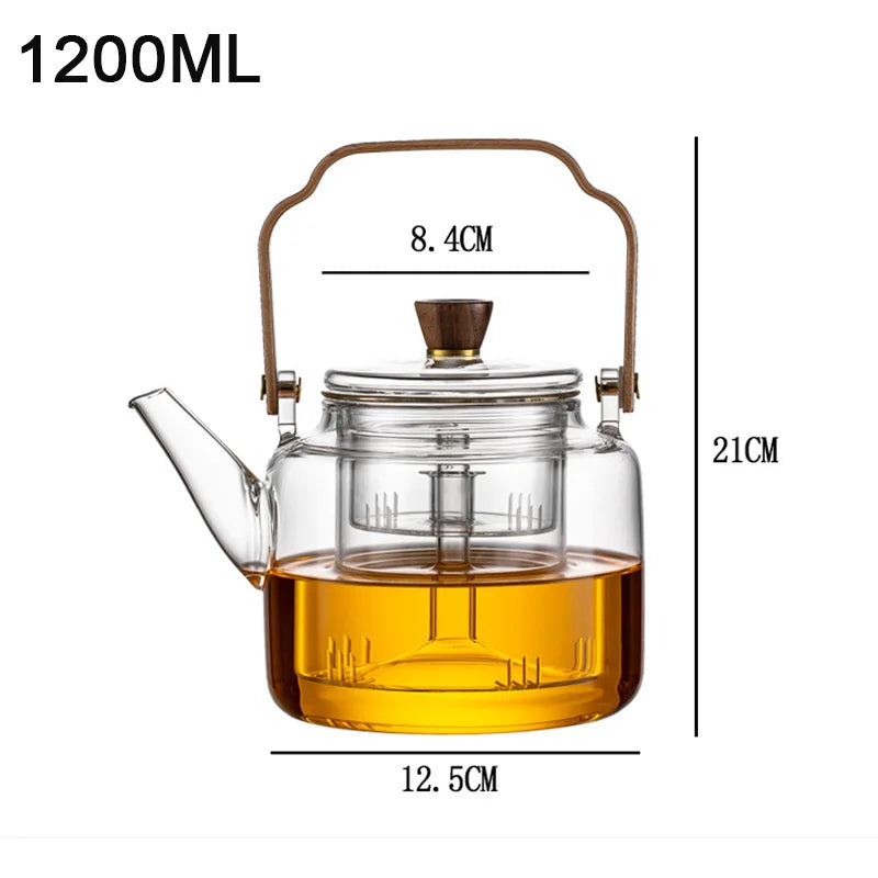 1.2L Gray Glass Teapot with Infuser Heat Resistant Flower Tea Kettle Transparent Tea Pot Portable Handle Pot Office Home Tea Set