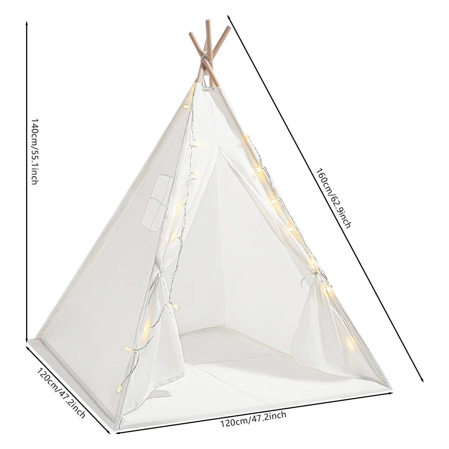Teepee Tent for Kids Cotton Play Tent with Padded Mat and Lights String Foldable Tent with Carry Bag