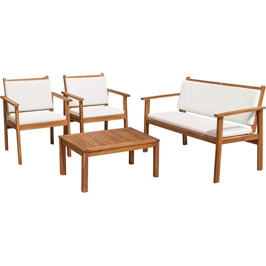 Patio Furniture 4-piece outdoor acacia wood patio conversation sofa set with table and cushion