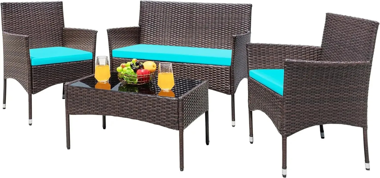 Patio Furniture 4 Pieces Conversation Sets Outdoor Wicker Rattan Chairs Garden Backyard Balcony Porch Poolside loveseat