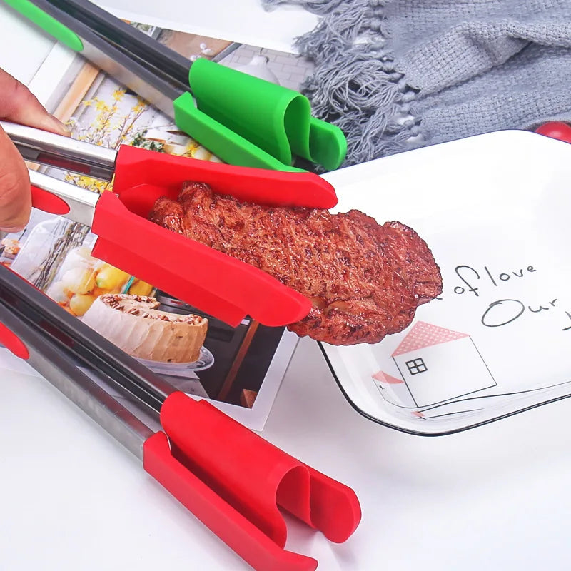 2-in-1 Silicone Food Clip Integrated Bread Clip Retractable Fan-Shaped Cake Food Tongs Barbecue Tongs Kitchen Tools
