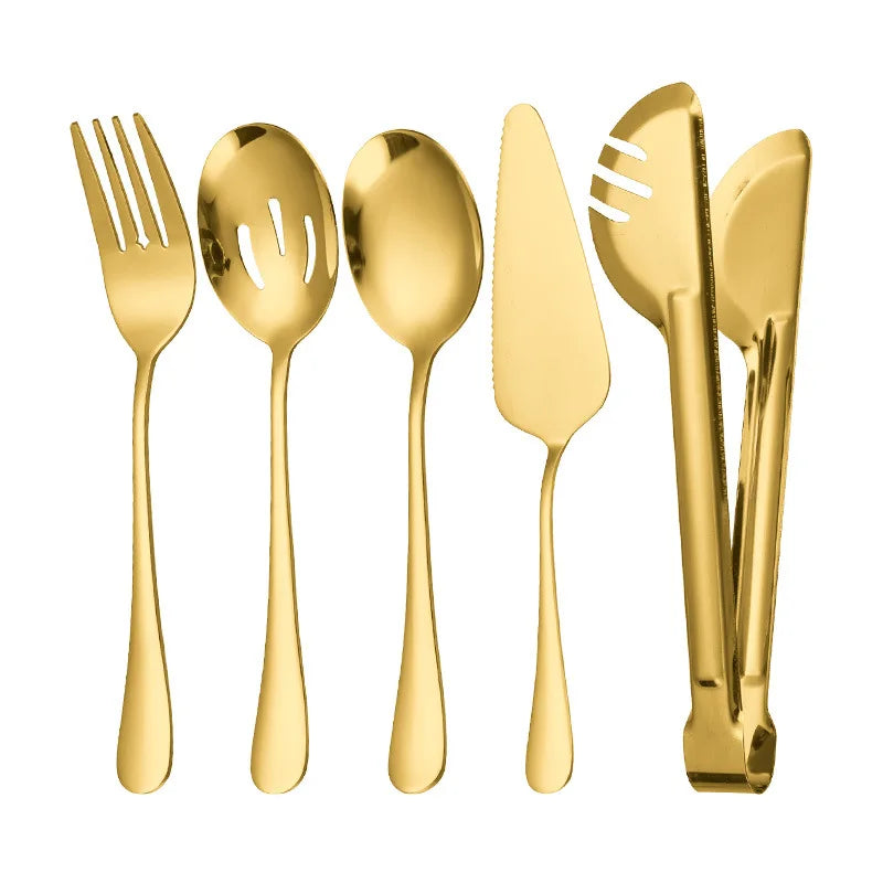 5Pcs Golden Thicken Stainless Steel Public Cutlery Set Western Service Spoon Colander Fork Cake Shovel Tongs Kitchen Tableware