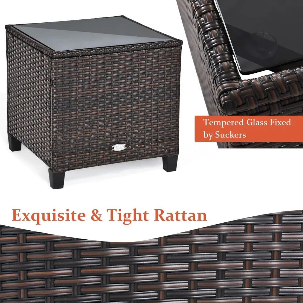 3 Piece Patio Furniture Set, Wicker Bistro Conversation Set w/2 Cushioned Armchairs & Glass Topped Table, Outdoor Rat