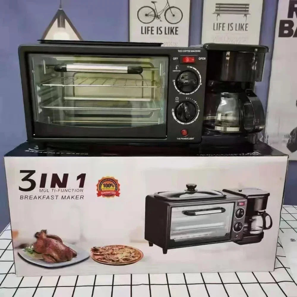 Kitchen 3 in 1 breakfast machine. Includes toaster, coffee machine, and oven. Kitchen appliances.