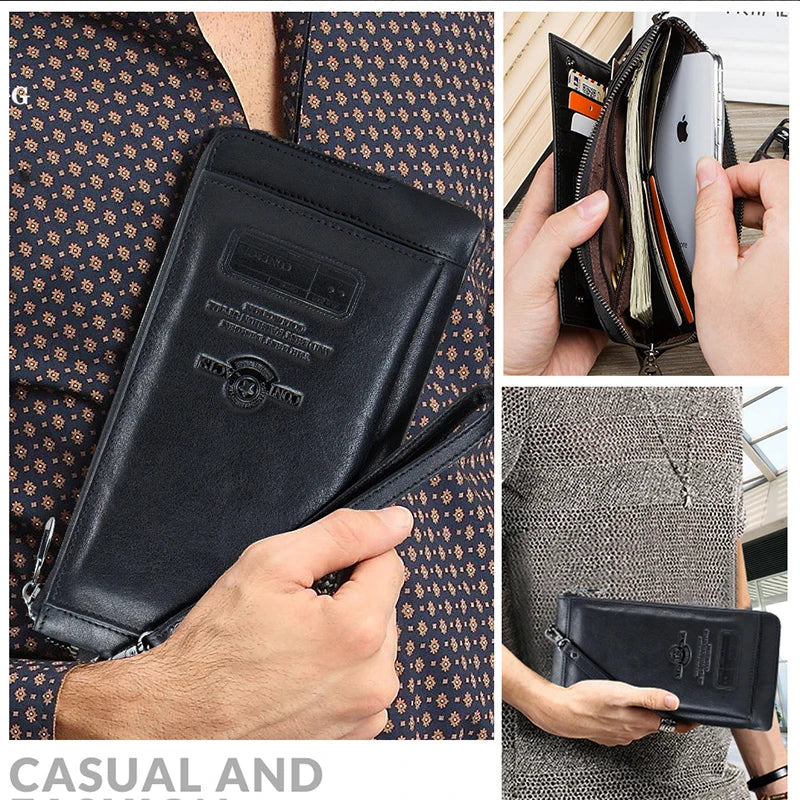 CONTACT'S Wristlet Bag Genuine Leather RFID Cellphone Wallet Men's Clutch Wallets Men Credit Card Holder Male Long Purse Zipper