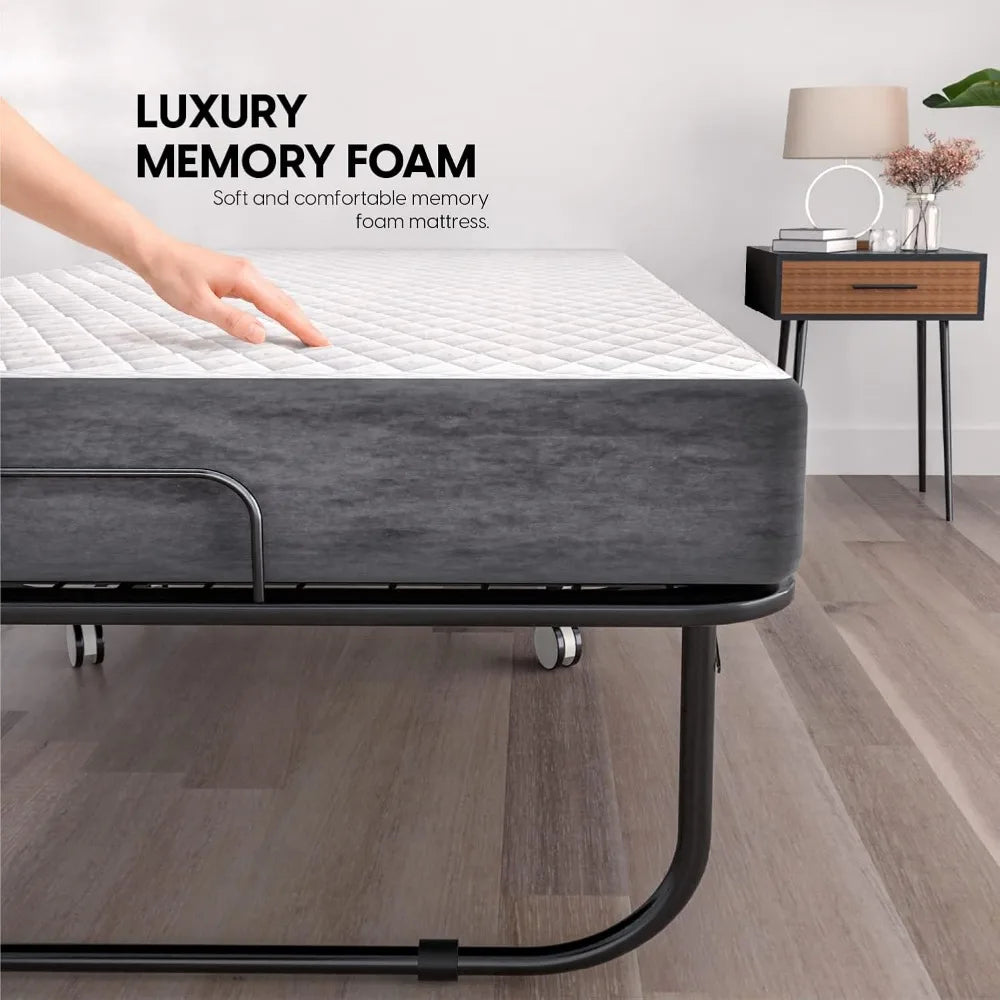 EconoHome Folding Bed with Mattress - 75x31 Cot Size Bed Frame - Portable Foldable Roll Away Adult Bed for Guest - 5-inch Thick