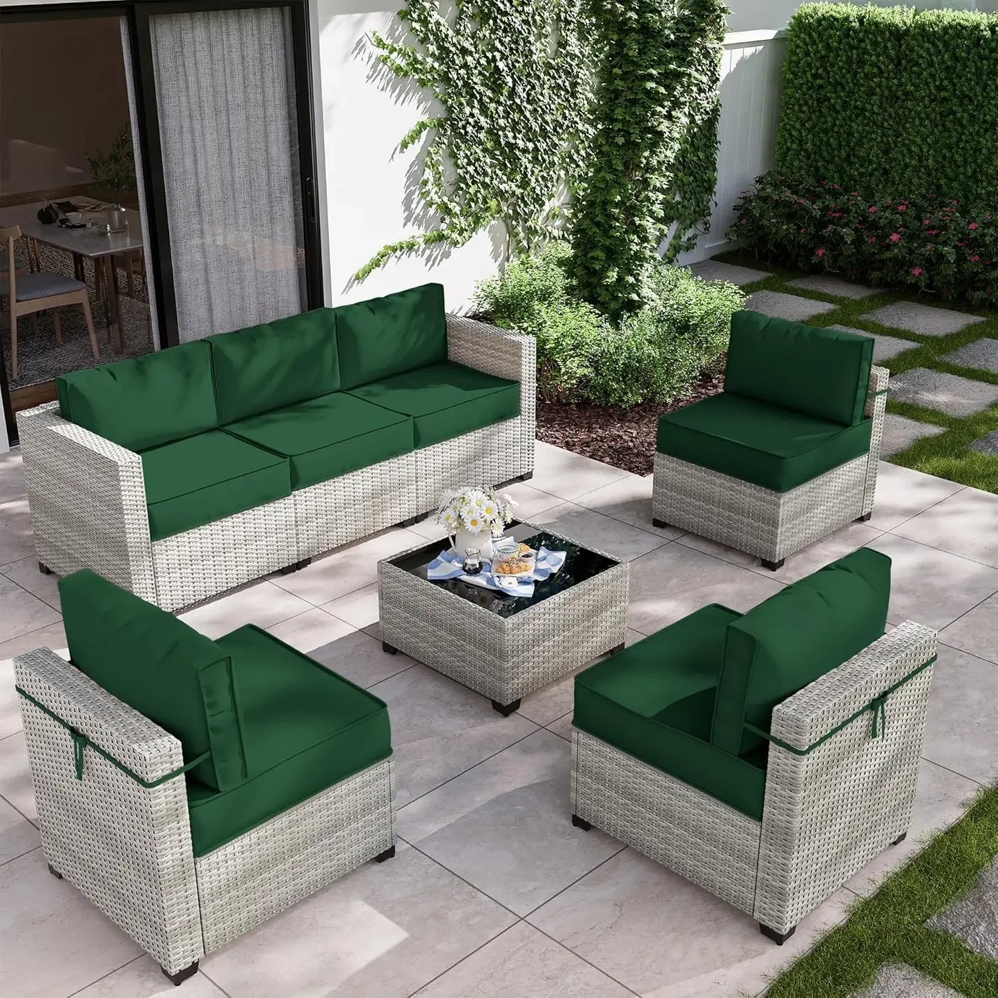 8-Piece Patio Furniture Set With Fire Pit Table, Seat Cushions Light Grey Outdoor Modular Wicker Conversation Set