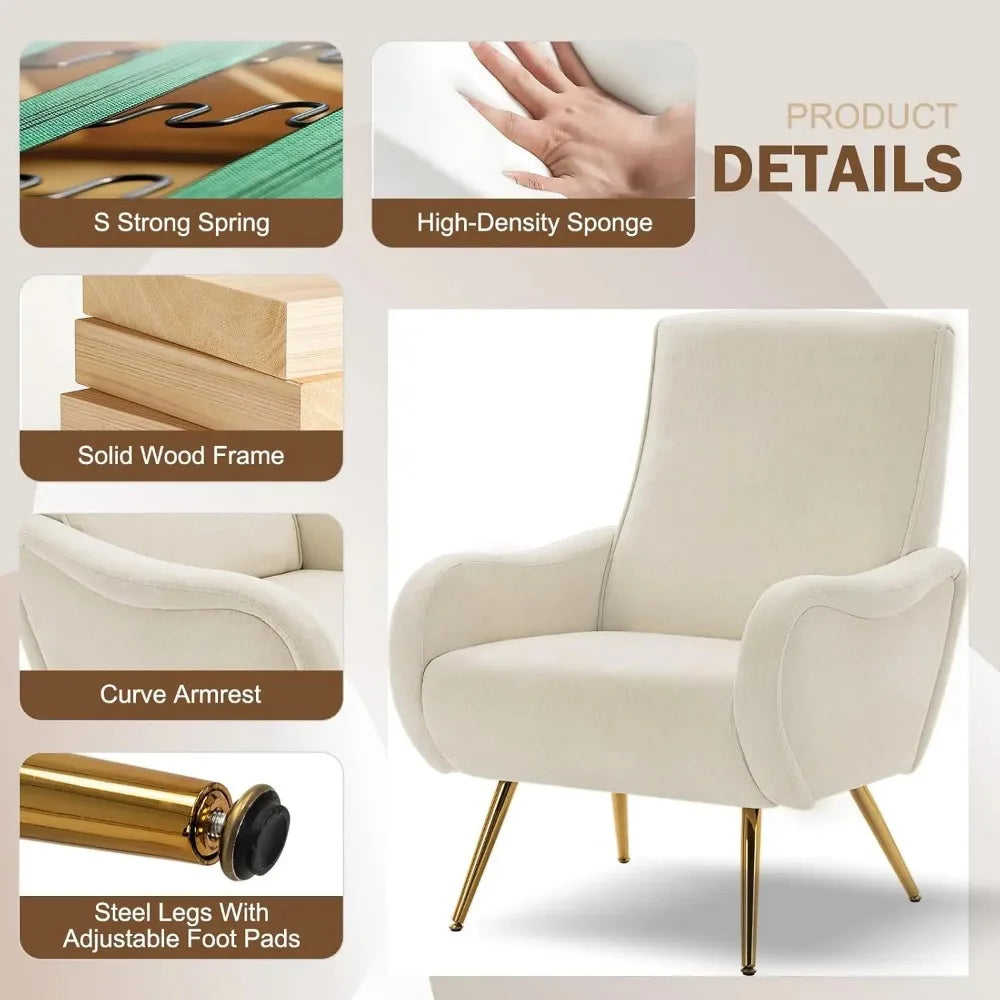 2PCS Upholstered Accent Chair, Chenille Armchair Comfy Reading Chair w/ Thick Cushion & Metal Legs, Leisure Lounge Chair, Beige