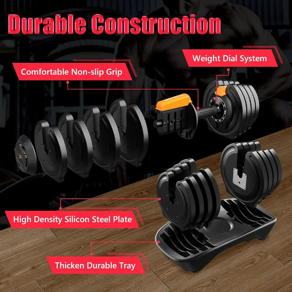Adjustable Dumbbell Set,12 Free Weights Adjustable Dumbbell Set for Home Gym with Tray 1-Sec Fast Adjustable for Men Women