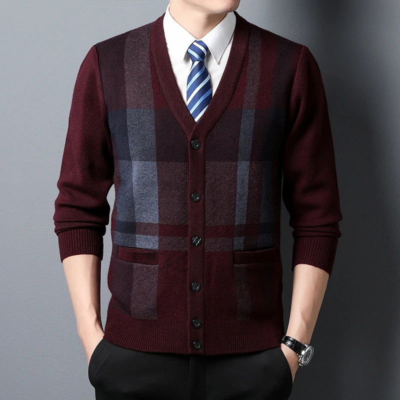 New Autumn Men's Cardigan  Plaid Fashion Business Casual Knitted Sweater Warm V-neck Sweater