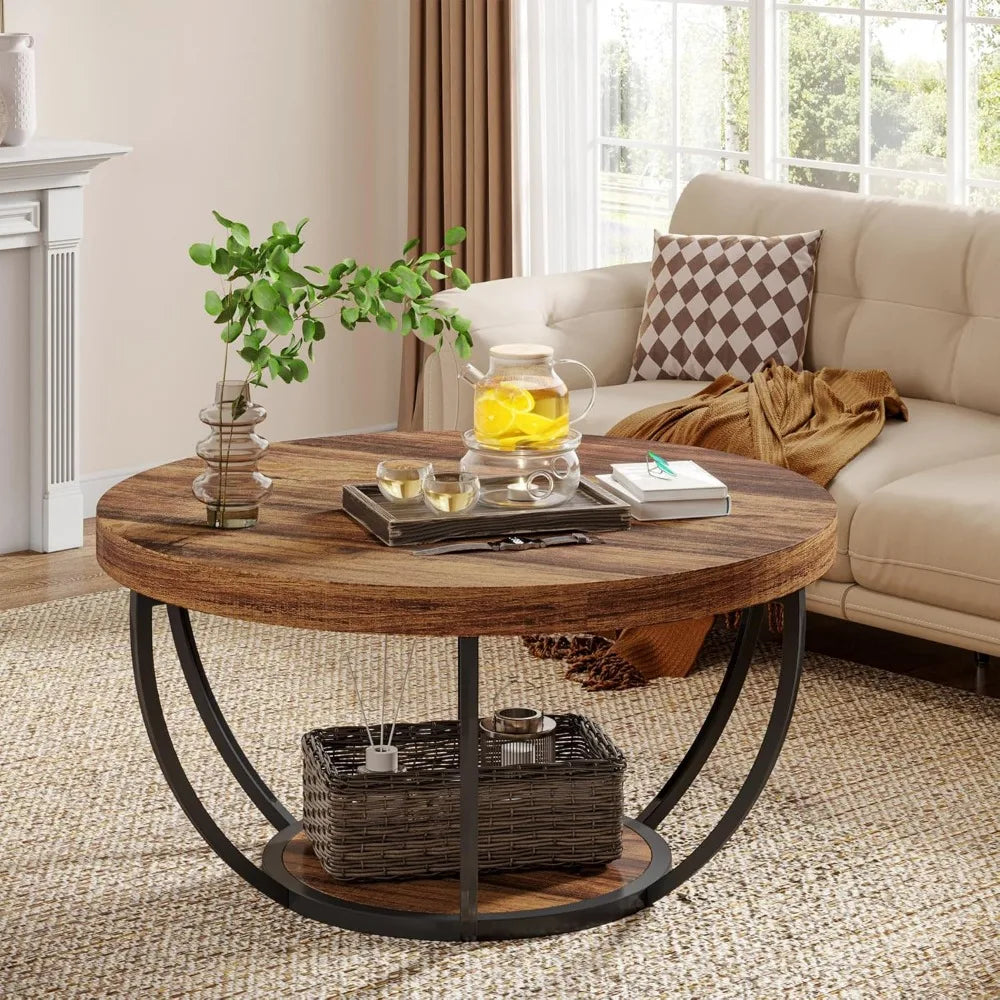 Round Coffee Table, 31.7" Wooden 2-Tier Circle Coffee Table with Storage Shelves, Modern Accent Cocktail Table Center Table