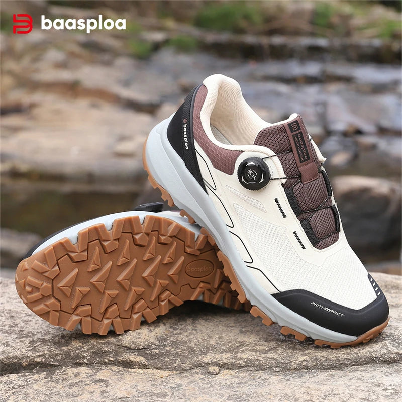 Baasploa New Men Outdoor Sneakers Mesh Breathable Rotating Button Hiking Shoes Male Comfort Rubber Sole Non-Slip Walking Shoes