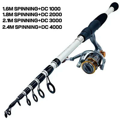 GHOTDA 1.6-2.4M Carbon Fiber Spinning Telescopic Fishing Rod Max Drag 8kg Baitcasting Reel Full Kit with Fishing Line for Bass