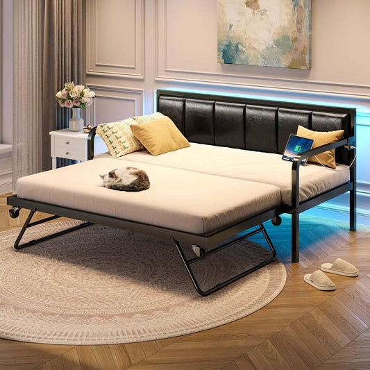 Daybed with USB Charging Station & LED, Height Adjustable Twin Daybed with Trundle,Upholstered Bed Frame with Steel Slat Support