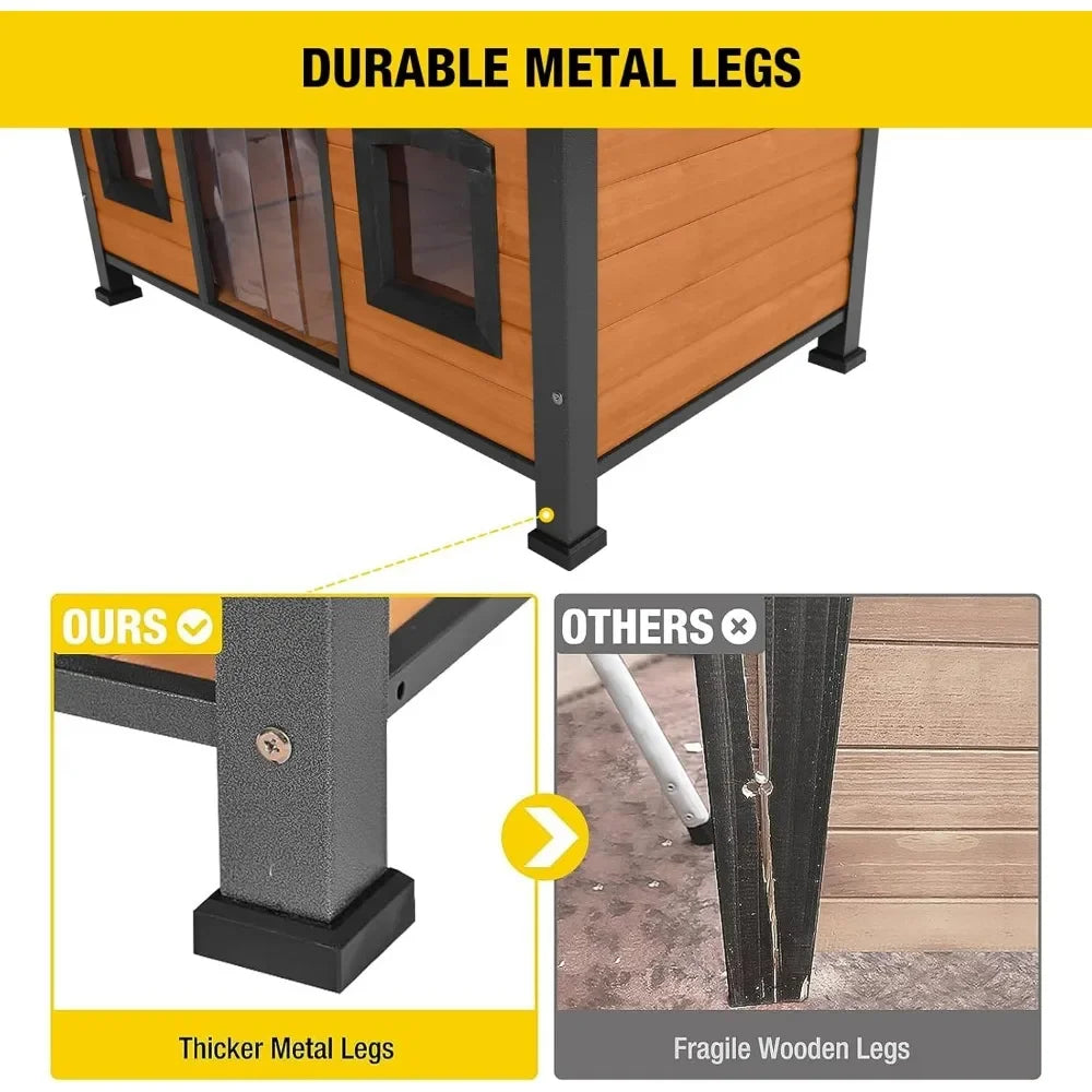 Large Dog House Anti-Chewing Metal Frame Design Insulated Wooden Dog Kennel with Unique Design Roof, Weatherproof