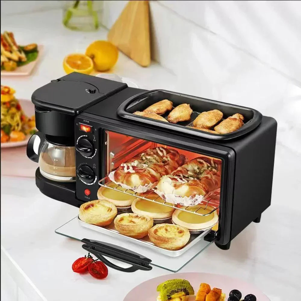 Kitchen 3 in 1 breakfast machine. Includes toaster, coffee machine, and oven. Kitchen appliances.