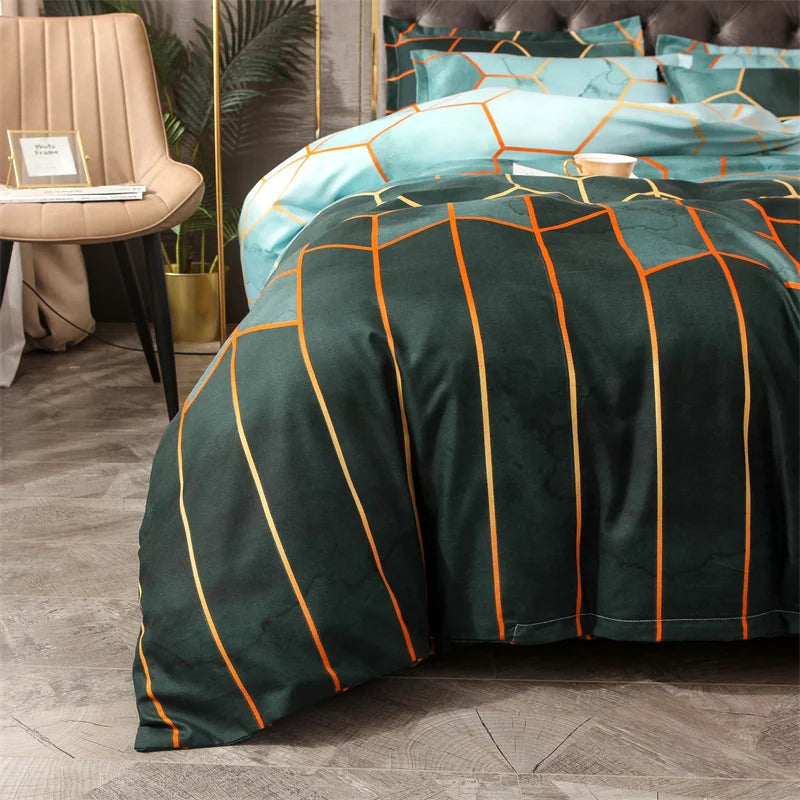 3Pcs Green Comforter Set Twin/Full/Queen/King/Single/Double Size, Geometric Bedding Sets for Man Woman, Marble Duvet Cover