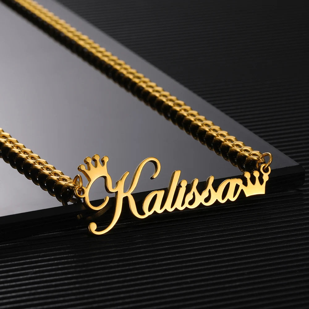 Custom Gold Color Crown Name Necklace Women Men Jewelry Stainless Steel Personalized Any Patterns Nameplate Necklace Best Gifts