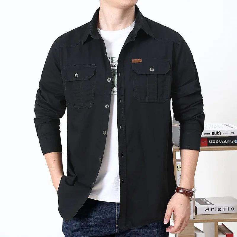 2023 Spring Autumn Denim Men Shirts Long Sleeve 100% Cotton  Outdoor Sports Army Military Casual Shirts Hiking Camping Clothing