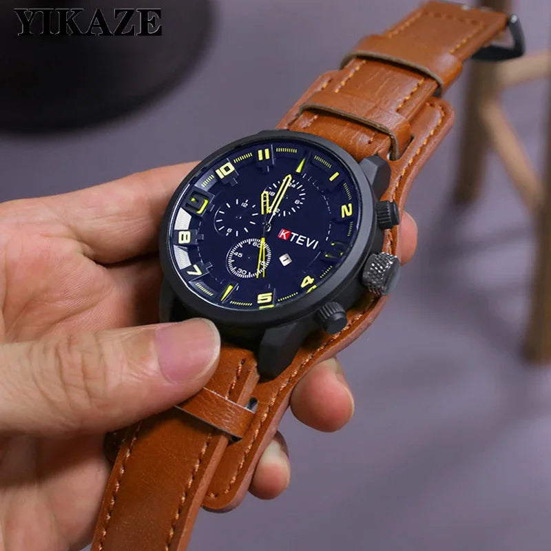 YIKAZE Luxury Business Men Quartz Watch Classic Retro Men's Watches  Big Dial Leather Strap Date Military Wristwatch for Man