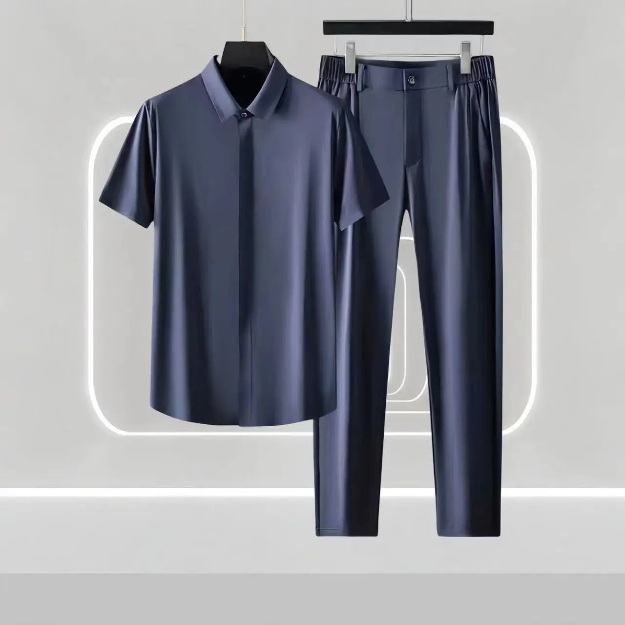 2024 Summer New Men's High end Business No iron Light Luxury Imitation Ice Silk Short sleeved Shirt Set Gentleman Style Set