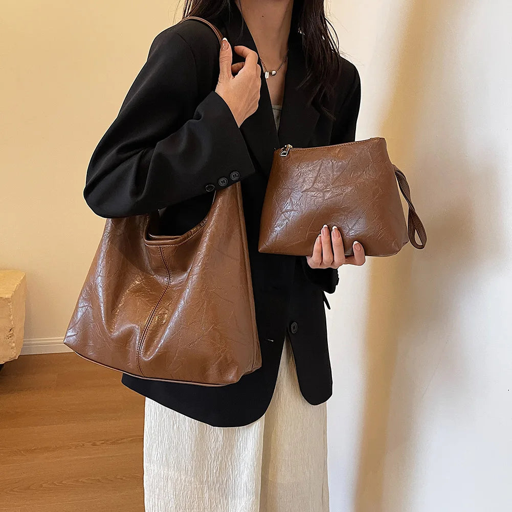 Soft PU Leather Shoulder Bag Vintage Wine Red Ladies Shoulder Bag Commuter Large Handbag for Women Wedding Totes Underarm Bag