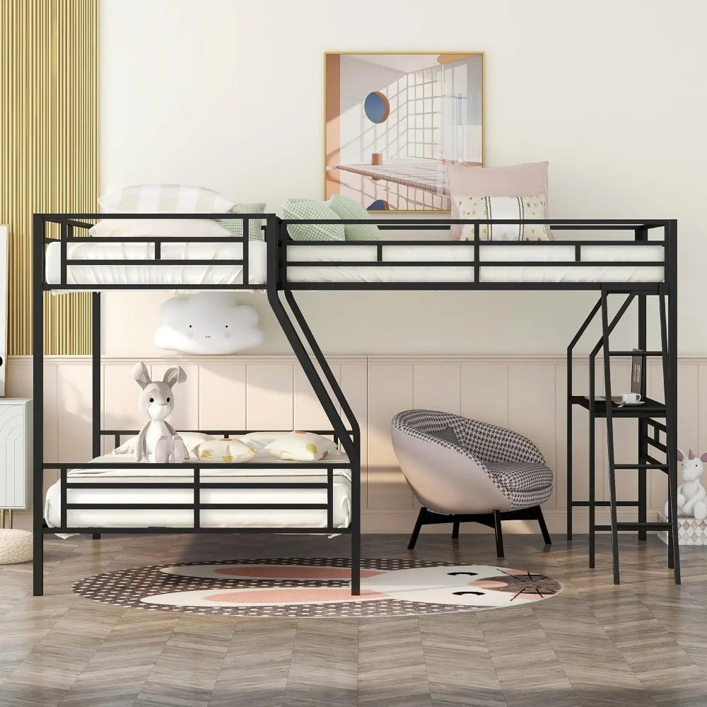 Loft Bed L-Shaped, Twin Over Full Bunk with a Twin Size Loft Bed Attached, with a Desk, 3 Beds Bunk Bed Frame for Kids Teens