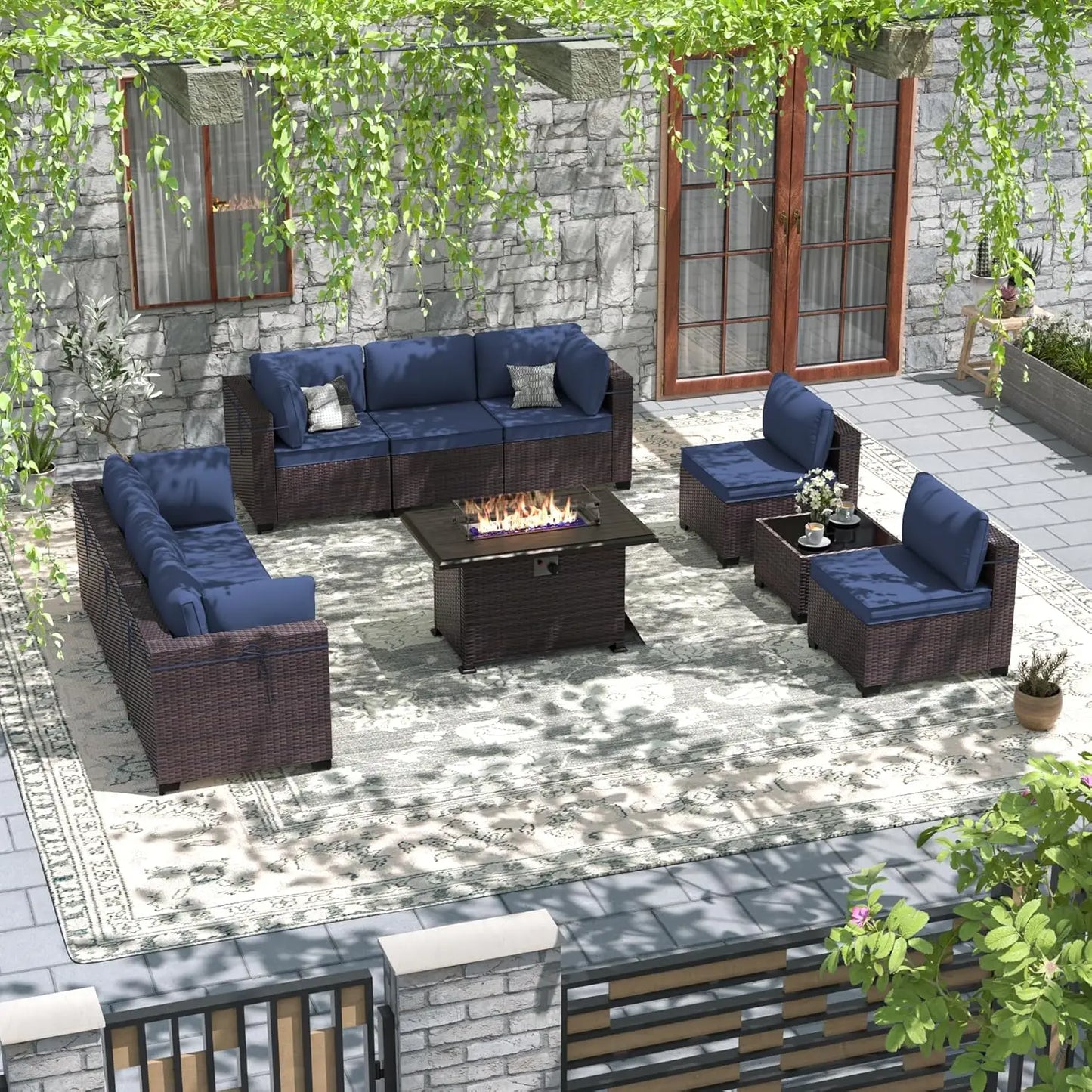 Patio Furniture Modularwith Swivel Chairs Outdoor Sectional Wicker Rattan w/Fire Pit Conversation Sofa Set for Backyard
