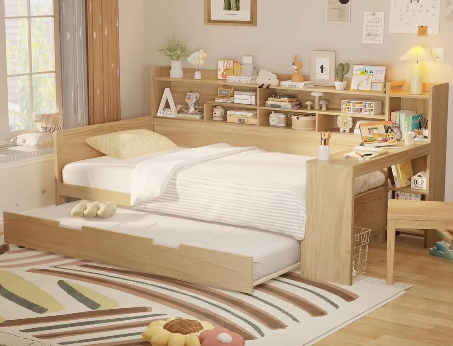 Full Size Corner Bed Frames with Desk and 3 Storage Drawers USB Port Shelves Headboard, Pinewood U-Shaped Captain Daybed