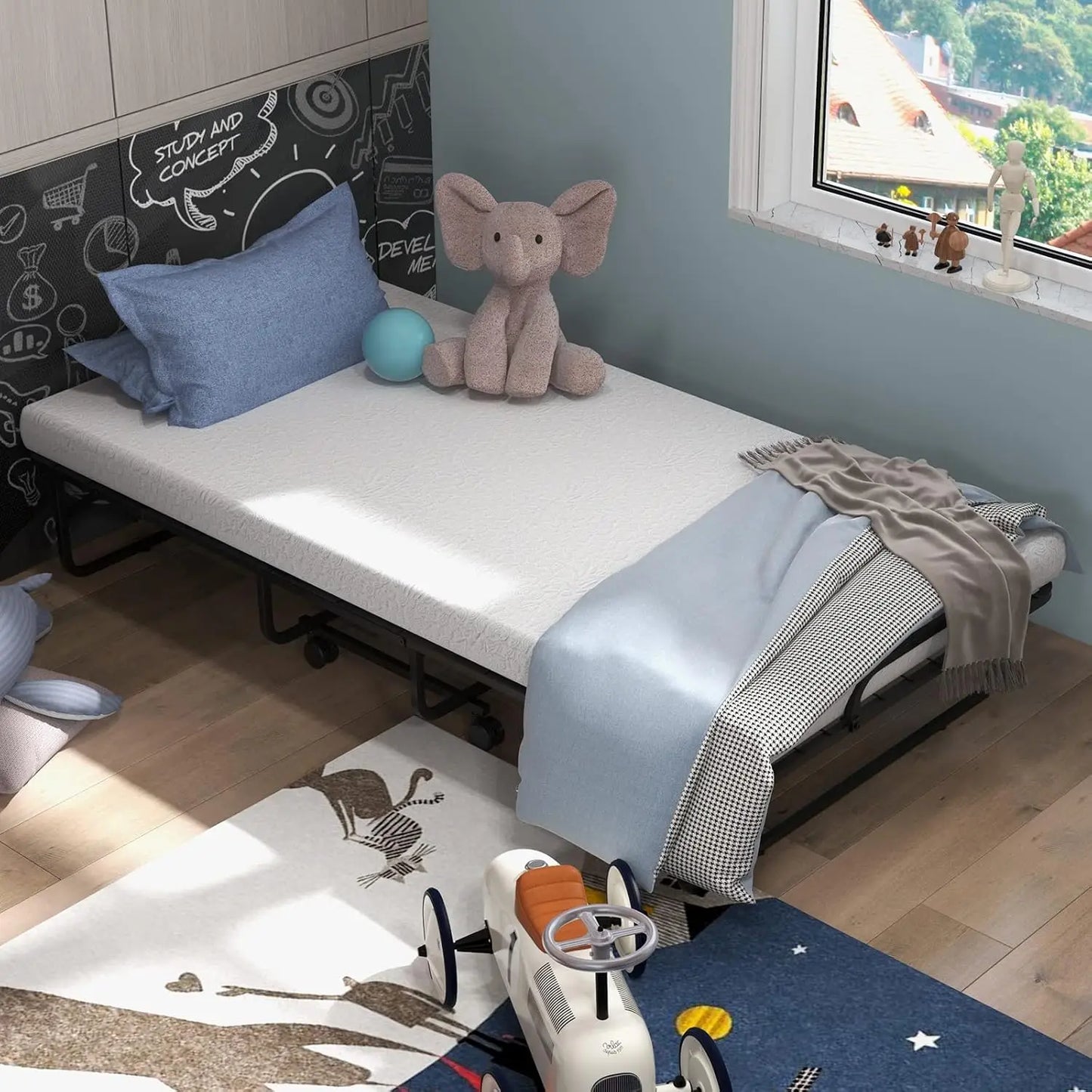 Folding Bed with 4" Mattress for Adults, Twin Size Rollaway Guest Beds w/Sturdy Metal Frame & Memory Foam Mattress, Easy