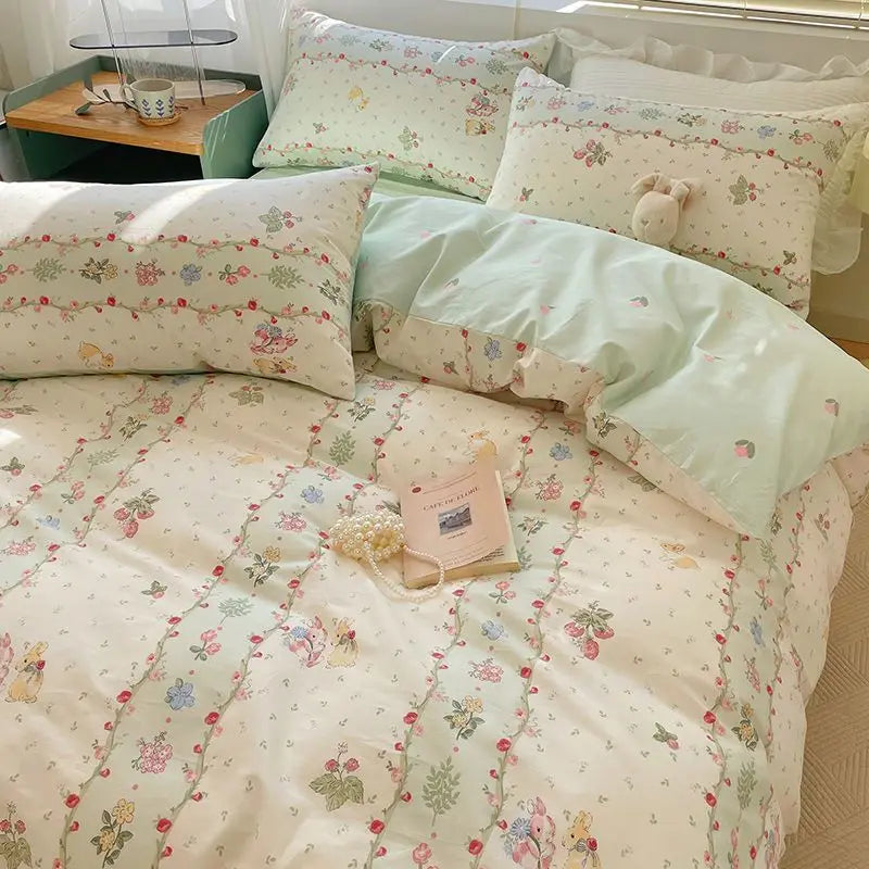 Pink Floral Bedding Set Soft Ins Single Double Queen Size Duvet Cover Flat Sheet Pillowcase Girls Home Totel Bed Linens