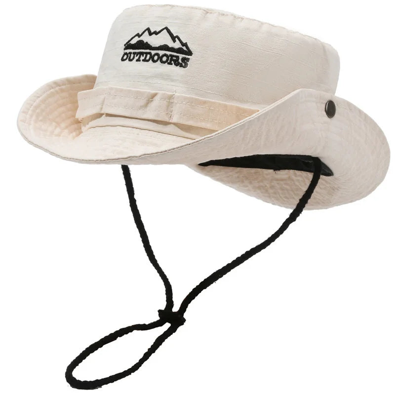 Outdoor Men Bucket Hats Summer Anti-UV Wide Brim Panama Hunting Hiking Hat Letter Embroidery Fisherman Hat Beach Sunscreen Cap