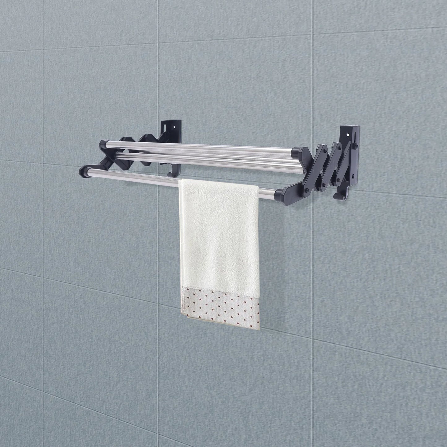 Thickened Stainless Steel Black Towel Rack for Bathroom Retractable Wall Mounted Punch- Free Towel Storage Drying Rack Towel