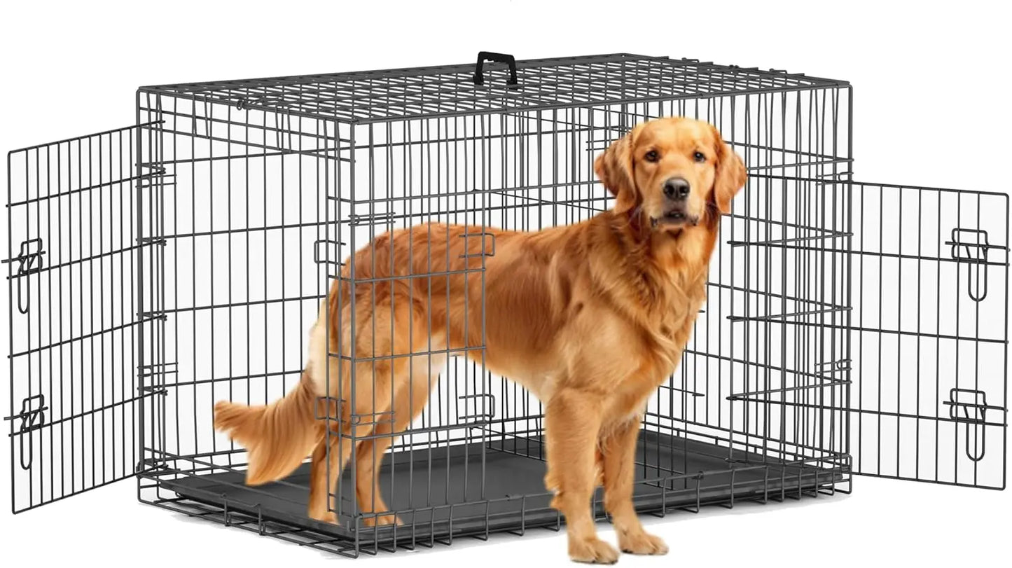 30 Inch Double Door Medium Dog Crate with Divider Panel and Leak- Proof Pan Tray, Folding Metal Wire Pet Kennel for Indoor，Grey